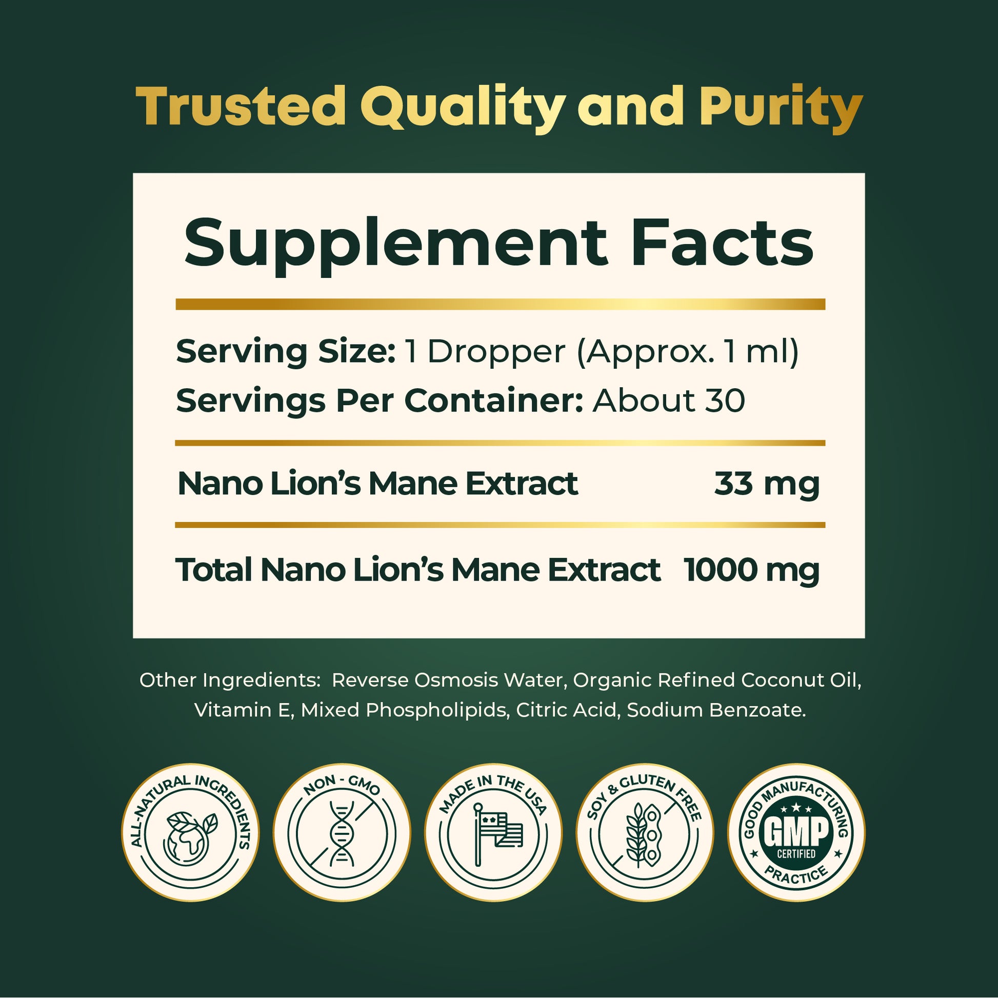 Nano Lion's Mane Tincture Liquid Extract Supplement Facts